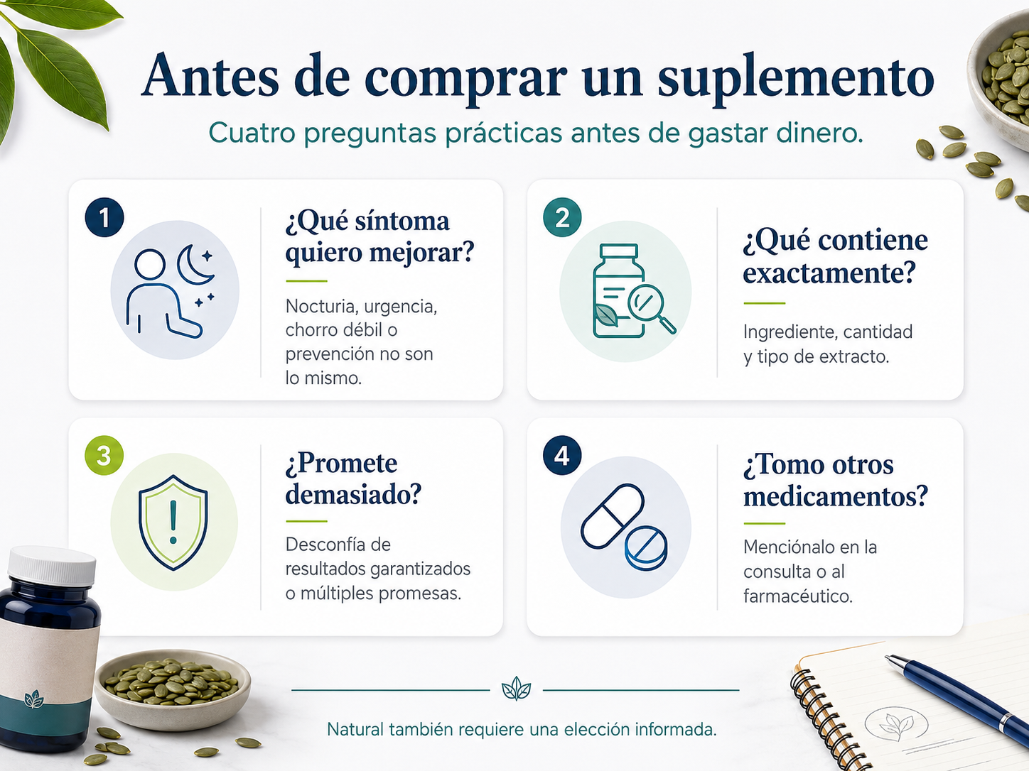 Infografía con cuatro preguntas prácticas antes de comprar un suplemento.