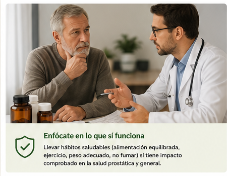 Paciente adulto conversando con un médico sobre tratamiento y medicamentos.