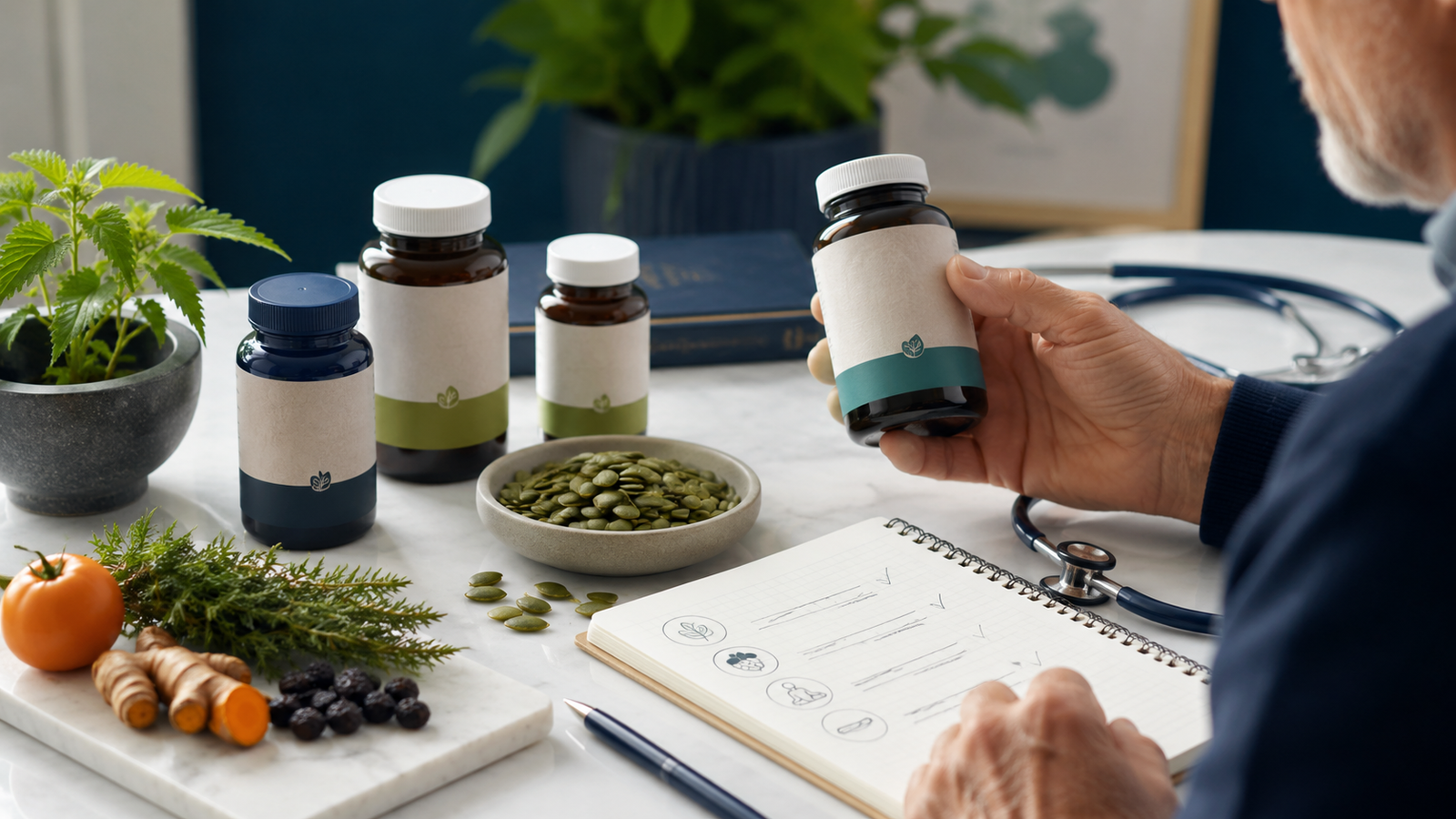Hombre mayor revisando suplementos naturales con semillas, plantas y materiales de consulta en una mesa.
