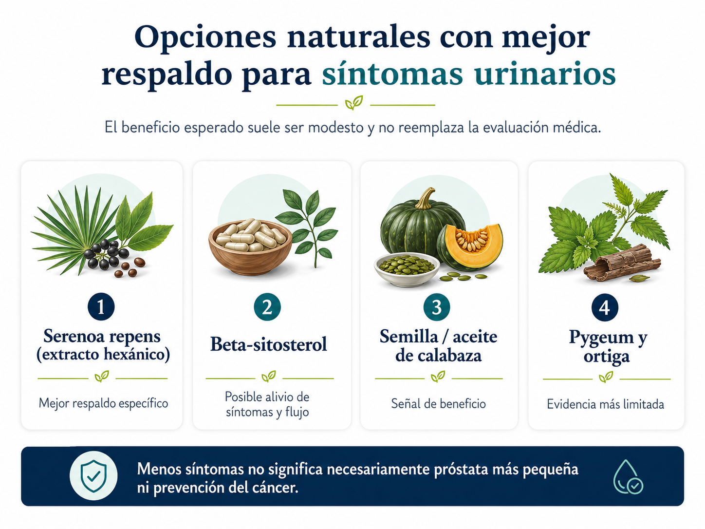 Infografía con cuatro opciones naturales con mejor respaldo para síntomas urinarios: Serenoa repens extracto hexánico, beta-sitosterol, semilla o aceite de calabaza, y pygeum con ortiga.